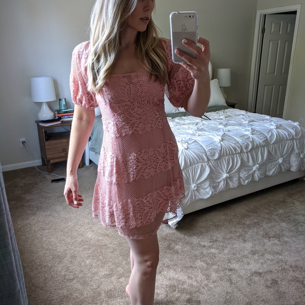 Free People Pink Mesh Dress with Puff Sleeves